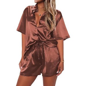 Ekouaer Pajamas for Women Silk Satin Pjs Soft Sleepwear Short Sleeve Button Down Pjs Top and Shorts 2 Piece Lounge Set - 1 of 4