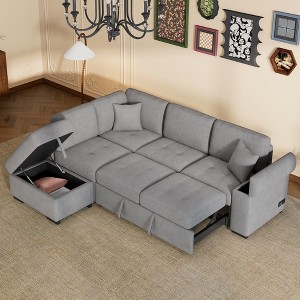 84.75" Velvet Convertible Sectional Sofas, L-Shape Corner Couch Sofa-Bed with Storage Ottoman, Hidden Arm Storage & USB Charging Ports - 1 of 4