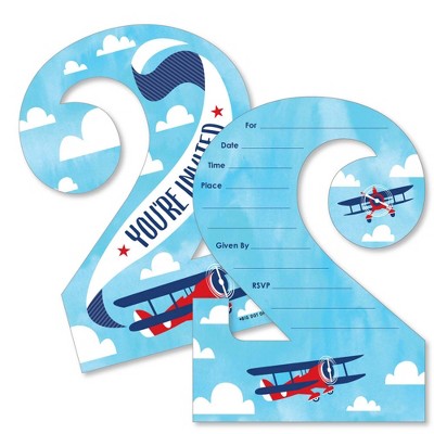 Big Dot of Happiness 2nd Birthday Taking Flight - Airplane - Shaped Fill-in Invites - 2nd Birthday Party Invitation Cards with Envelopes - Set of 12
