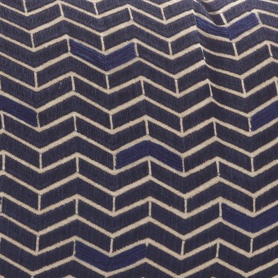 Navy Blue Chevron Cotton Lumbar Throw Pillow with Feather Fill