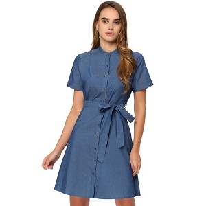 Allegra K Women's Casual Button Down Short Sleeve Denim Shirt Dress - 1 of 4