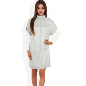 Anna-Kaci Women's Turtleneck Cable Knit Sweater Dress with Short Sleeves - 1 of 4