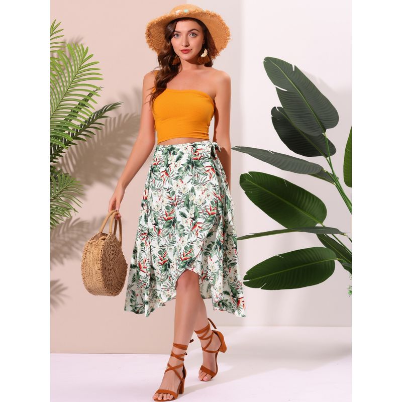 Allegra K Women's Tie Waist Hawaiian Tropical Floral Wrap Midi Skirt, 5 of 6
