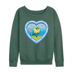 Women's Spongebob Squarepants Heart Porthole Window Lightweight French Terry Wide Neck Long Sleeve Graphic Shirt - Heather Juniper - Large - 1 of 4