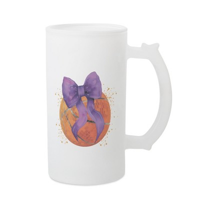 Elanze Designs Freezable Beer Stein Mug With Thumb Grip Handle, 16 Ounce Frosted Glass, Basketball With Purple Bow