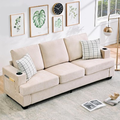 89-Inch Modern 3-Seater Sofa Couch with Cup Holders and Side Storage Pockets, Comfy Couches with Deep Seat for Living Room Apartment Lounge