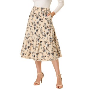 INSPIRE CHIC Women's Corduroy Elastic Waist Warm Fall A-Line Pockets Tiered Floral Midi Skirt - 1 of 4