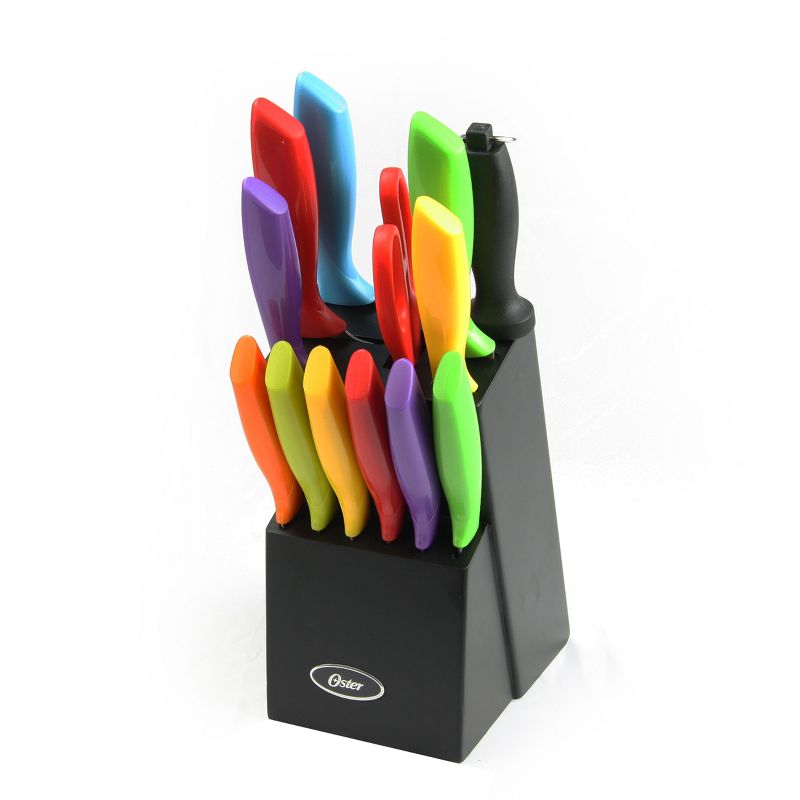 Oster 14 Piece Stainless Steel Assorted Color Cutlery Knife Set with Wood Storage Block, 1 of 6