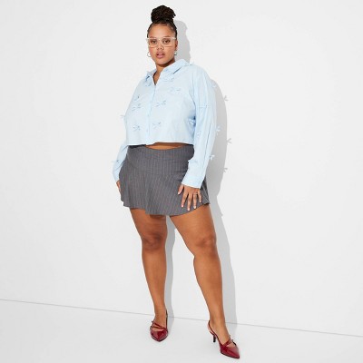Women's Long Sleeve Cropped Bow Button-Down Shirt - Wild Fable™