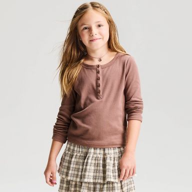 Girls' Long Sleeve Waffle Knit Henley T-Shirt - Cat & Jack™ Brown XS