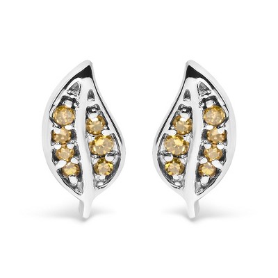 Haus of Brilliance Silver Yellow Diamond Accent Leaf Stud Earrings