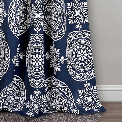Navy and White Medallion Cotton Polyester Blackout Curtain Panels