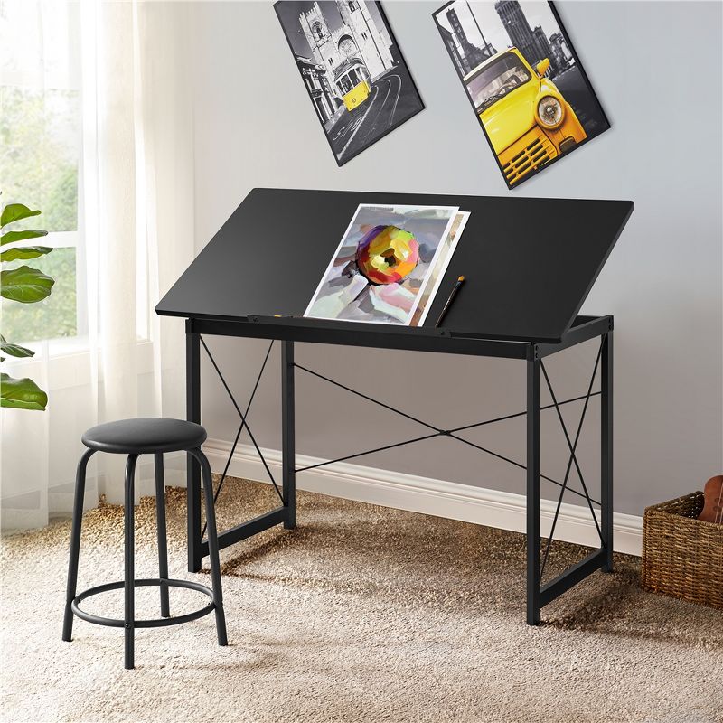 Yaheetech Adjustable Drafting Table For Artists Tilting Tabletop Basic Drawing Desk With Adjustable Tabletop & Pencil Ledge Black, 2 of 10