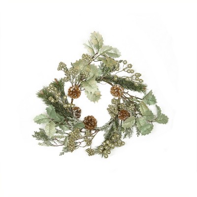 Melrose 15" Unlit Brown/Green Glittered Frosted Pine Cone with Holly Leaves Christmas Wreath