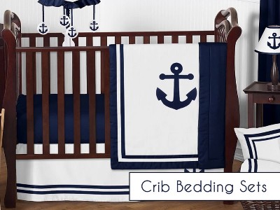 Navy and White Cotton Full Bedding Set with Anchor Design