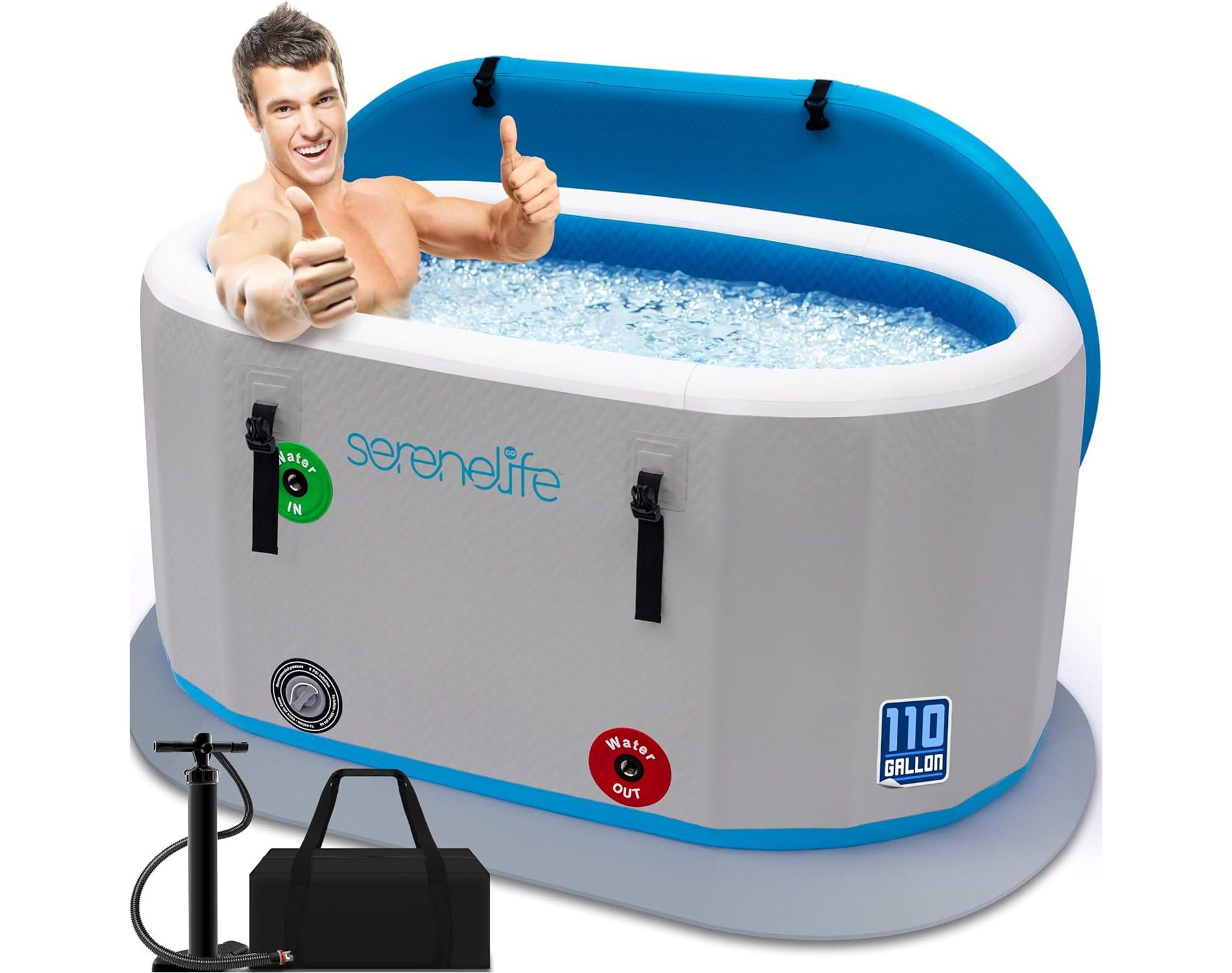 SereneLife Inflatable Cold Plunge Tub - 150 Gallon, Insulated Ice Bath Therapy Pod with Lid, Hand Pump, Storage Bag, and EVA Floor Mat (Blue)