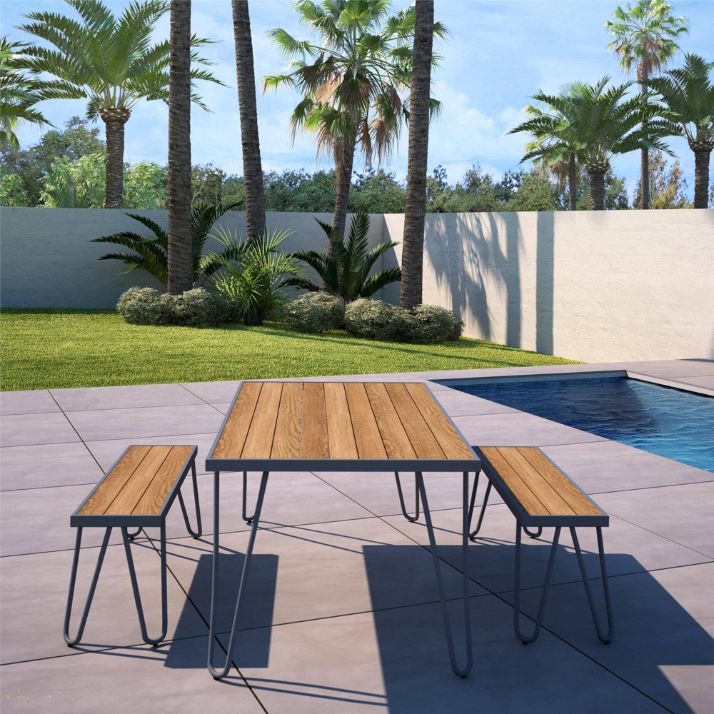 Paulette 3pc Patio Table and Bench Set - Charcoal Gray - Novogratz