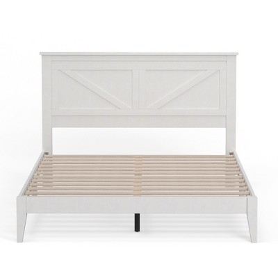 Gloss White Queen Size Solid Oak Wood Platform Bed with Headboard
