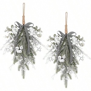 2PCS Decorations 19Inch Artificial White Berry Front Door Fireplace Hanging Winter Home Holiday Xmas Wall Decor Black White - 1 of 4