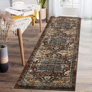 Vintage Floral Area Rug Stain Resistant Low Pile Distressed Carpet - 1 of 4