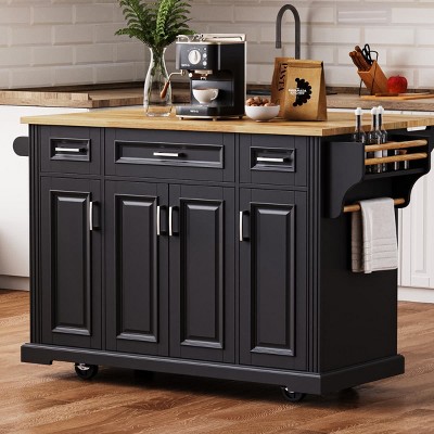 Kitchen Carts and Islands with Rubber Wood Drop Leaf, 4 Doors, 3 Drawers, Rolling Storage Island on Wheels for Kitchen or Dining Room-The Pop Home