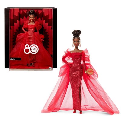 Barbie Signature 11.5" Collectible Doll for Mattel 80th Anniversary with Black Hair/Brown Eyes Glittery Red Tulle Gown