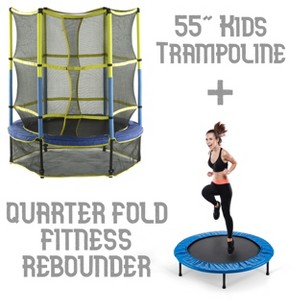 55" Mini Kids Trampoline + Round Quarter Fold Fitness Rebounder with Carry-on Bag & Blue Safety Pad - Family Set for Children & Adults - 1 of 4