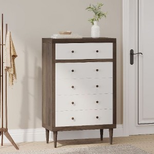 Mid-Century Modern Nordic 5-Drawer Chest of Drawers, Faux Wood Dresser with Rubberwood Legs, Bedroom Storage Cabinet - Christopher Knight Home - 1 of 4