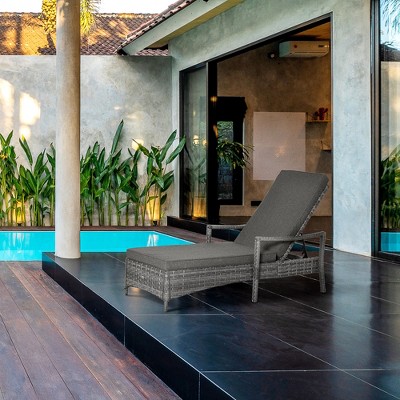 Dark Gray Wicker Chaise Lounge with Cushions and Adjustable Backrest