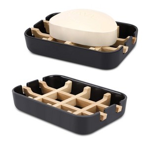 Aoibox Bamboo Wooden Soap Dish with Drainage for Bathroom, Bar Soap Holder for Sink, Deck, Bathtub, Shower Tray (Black) - 1 of 4