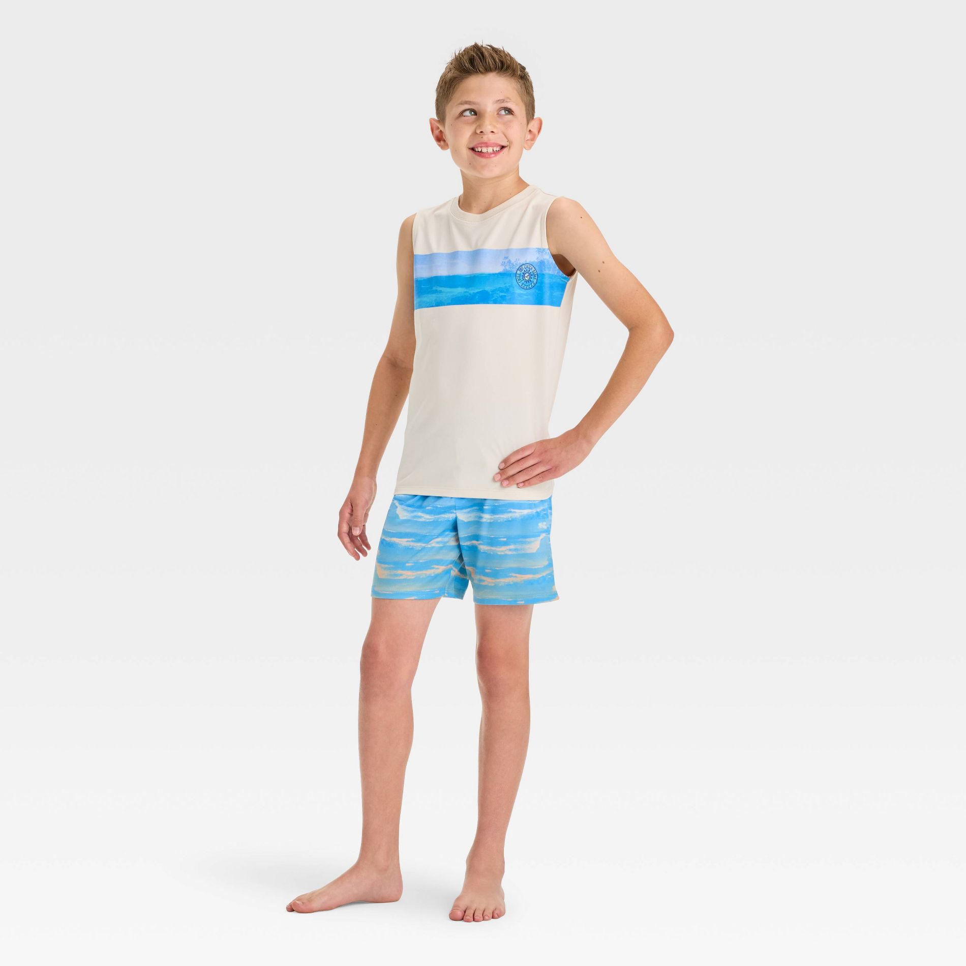 Boys' 2pc Waves Tank Top and Pajama Set - Cat & Jack™ Cream/Blue XS: Crew Neck, Recycled Polyester