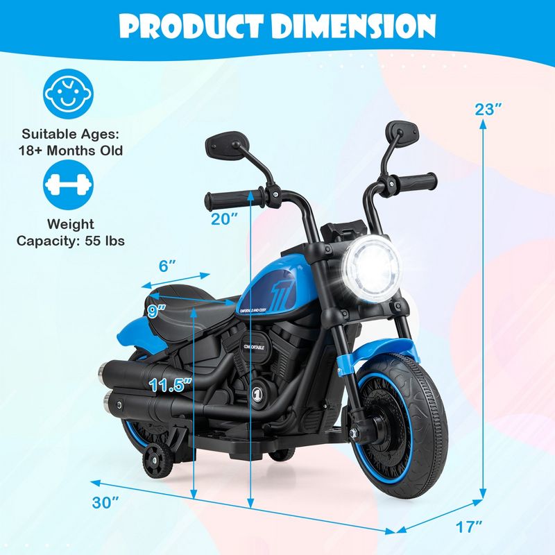 Costway 6V Kids Electric Motorcycle with Training Wheels LED Headlights Music Board Blue/Pink/Red, 3 of 10