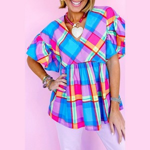 I AM A FASHION JUNKY Sky Blue Colorful Plaid V Neck Ruffled Babydoll Blouse Sky Blue S - 1 of 4