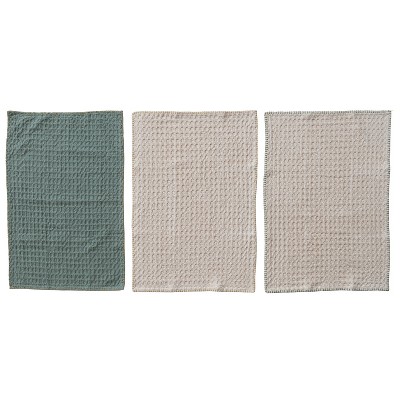 Storied Home 3-Piece Waffle Weave Tea Towels with Blanket Stitch Edge, Multicolor