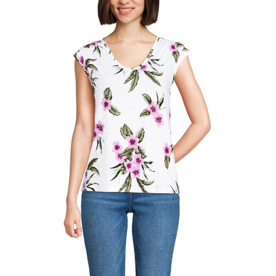 Lands' End Women's Linen Blend Cap Sleeve Gathered Shoulder Tee