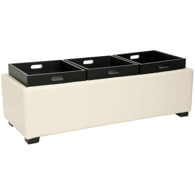 Flat Cream Leather Triple Tray Ottoman with Birch Wood