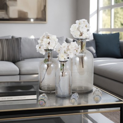Glass Decorative Vases with Iridescent Stoppers - Tall Bottle Shape - Modern Home, Living Room, Bedroom, or Office Decor Set of 3 - 6", 5", 4" Gray