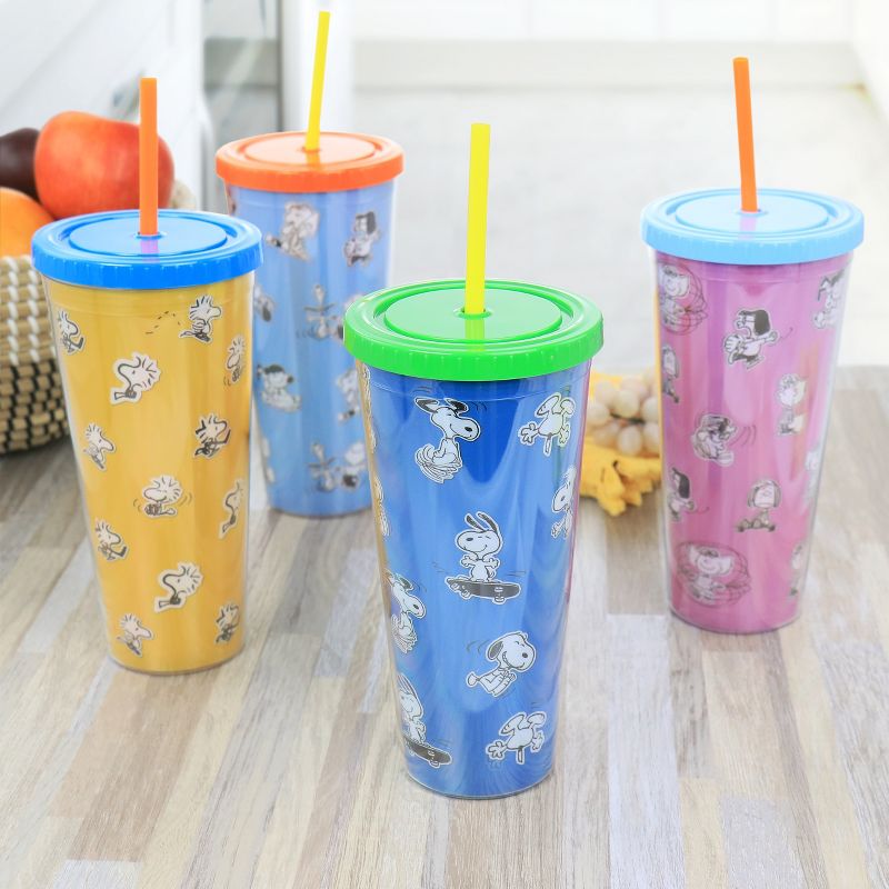 Gibson Peanuts 70th Anniversary 4 Piece Plastic 23.6oz Tumbler set with Lid and Straw in Assorted Colors, 2 of 9