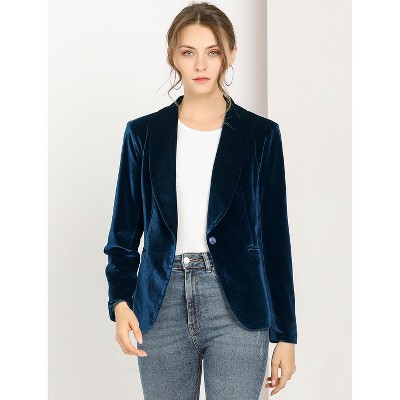 INSPIRE CHIC Women's Christmas Office Solid Shawl Collar Jetted Pockets One Button Velvet Blazer 2 Packs Deep Blue/Green Medium — фото 2