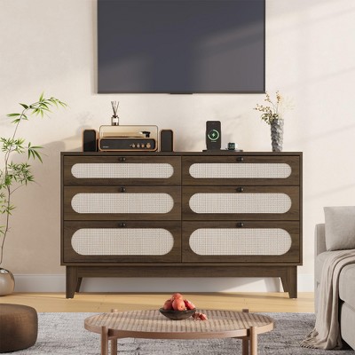 Dresser, 6 Rattan Drawer Dresser, Modern Chest with Drawers, Wood Storage Closet Dressers Chest of Drawers for Bedroom, Living Room, Hallway