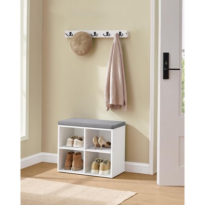 Cloud White Shoe Bench with Cushion - 4 Compartments, 2 Adjustable Shelves. Entryway Bench with Padded Seat for Bedroom, Closet, Living Room