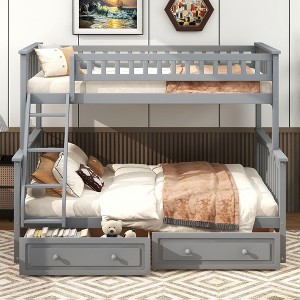 Kumasinova Bunk Bed with 2 Drawers,Convertible Bed Frame with Ladder and Guardrail,Kids Wood Bed Frame with Strong Wooden Slats - 1 of 4