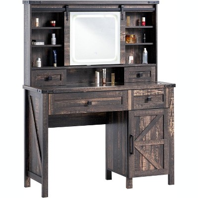 AMERLIFE 42'' Farmhouse Makeup Vanity Desk with Sliding Mirror and Lights