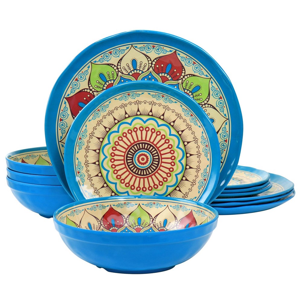 12pc Camilla Melamine Dinnerware Set - Elama: Off-White Medallion Pattern, Service for 4, Dishwasher-Safe, Includes Plates & Bowls