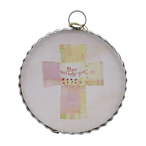 Round Top Collection Baby Girl Blessings Mini Print  -  One Print 7.0 Inches -  Cross Religious Flowers  -  Y22030  -  Wood  -  Pink - 1 of 3