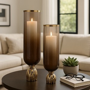 Elegant Glass Hurricane Candle Holders with Abstract Base - Centerpieces for Tables, Dining Room Accent, and Home Decor - Set of 2, 23", Brown - 1 of 4