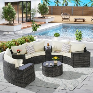 11-Piece Outdoor Half-Round Modular Sectional Sofa Set with Tempered Glass Coffee Table and 4 Side Table - 1 of 4