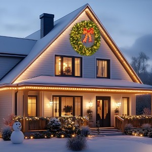 Artificial Christmas Wreath with Bow, Pre-Lit Winter Wreath with LED Light, Indoor Outdoor Holiday Xmas Decorations - 1 of 4