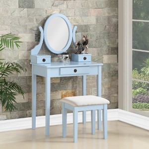 FONTOI 30"W Wood Makeup Vanity Table and Stool Set with Adjustable Oval Mirror 3 Storage Drawers for Bedroom Dressing Room, Blue, 30"*16"*53" - 1 of 4
