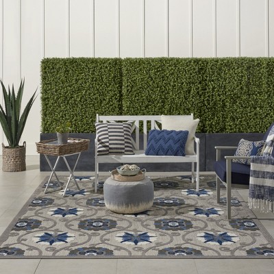Aloha Floral Blue/Grey Synthetic 9'6" x 13' Indoor/Outdoor Rug